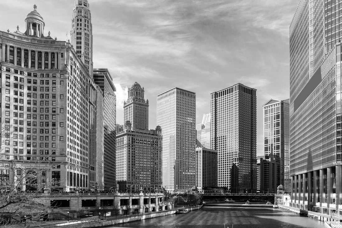 Chicago Skylines buildings along the green-tinting Chicago River St. Patrick's Day Festival in Chicago Downtown IL USA 2000pc PuzzleBlack and White