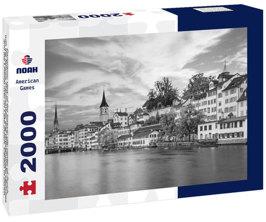 Noah Jigsaw Puzzle Panoramic view of the historic city center of Zurich with the famous Fraumunster and Grossmunster churches and the Limmat river on Lake Zurich, Canton of Zurich, Switzerland in black white 2000 pieces