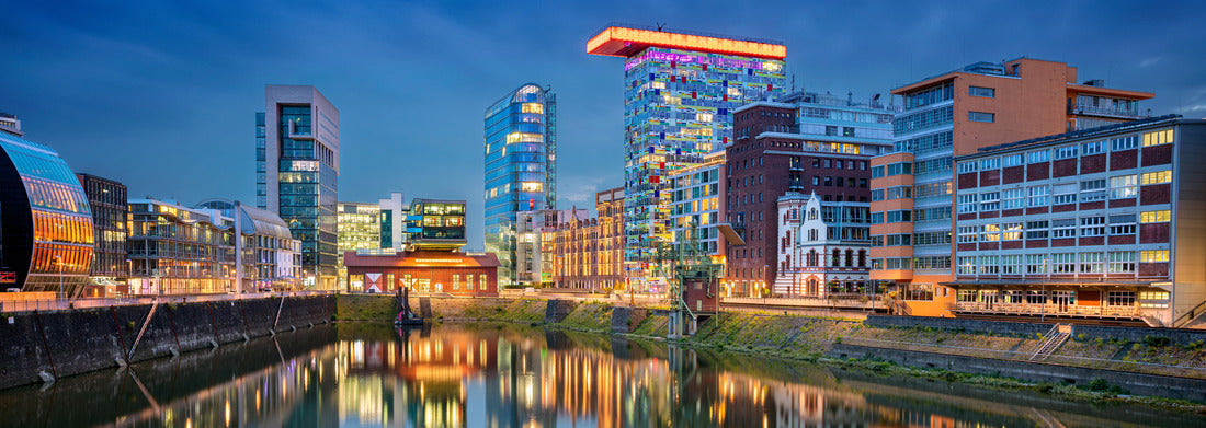 the harbor of Media and the reflection of the city in the Rhine. Düsseldorf, Germany 1000pc Panoramic Puzzle