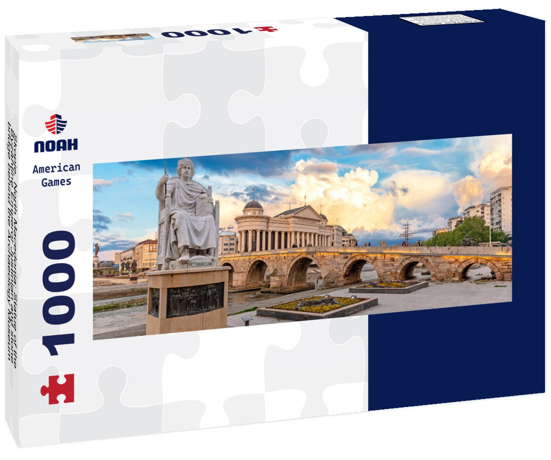 Noah Jigsaw PuzzleSkopje, North Macedonia: Statue of the Byzantine Emperor Justinian and stone bridge behind the Archaeology Museum at sunset in Skopje, Panorama 1000 Pieces