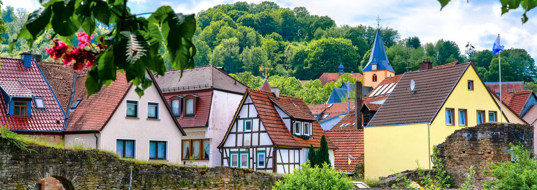 the old town wall and half-timbered houses in Bad Orb, Hesse, Germany 1000pc Panoramic Puzzle