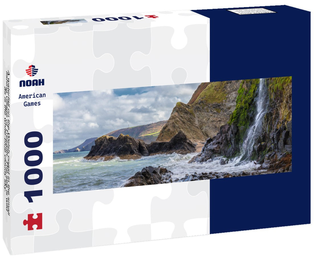 Noah Jigsaw PuzzleA waterfall on the Welsh coast in the small fishing village of Tresaith. The sea is wild, as is the white-blue cloudy sky. In the background the high cliffs, Panorama 1000 Pieces
