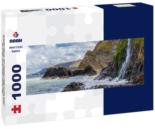 Noah Jigsaw PuzzleA waterfall on the Welsh coast in the small fishing village of Tresaith. The sea is wild, as is the white-blue cloudy sky. In the background the high cliffs, Panorama 1000 Pieces