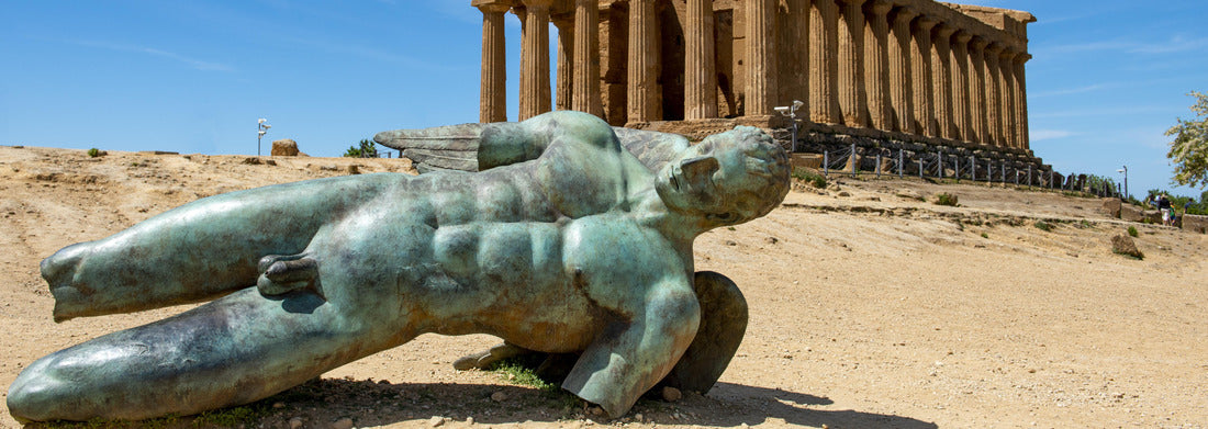 Noah Jigsaw PuzzleBronze statue of Icarus in front of the ruins of the Temple of Concordia in the Valley of the Temples near Agrigento on the Italian island of Sicily, Panorama 1000 Pieces