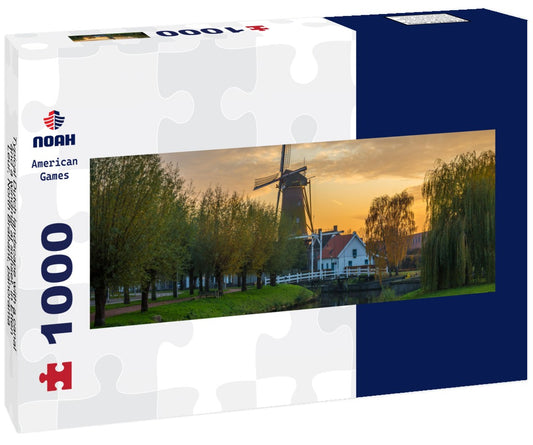 Noah Jigsaw Puzzle Typical Dutch landscape with a canal and a windmill at sunset, in Etten-Leur, North Brabant, Panorama 1000 Pieces