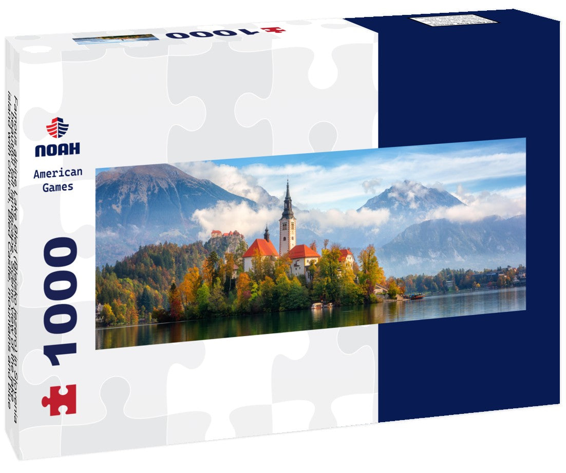 Noah Jigsaw Puzzle Famous alpine Lake Bled (Blejsko jezero) in Slovenia, beautiful fall landscape. Scenic view of the lake, island with church, Bled Castle, mountains and blue sky with clouds, outdoor travel background, Panorama 1000 Pieces