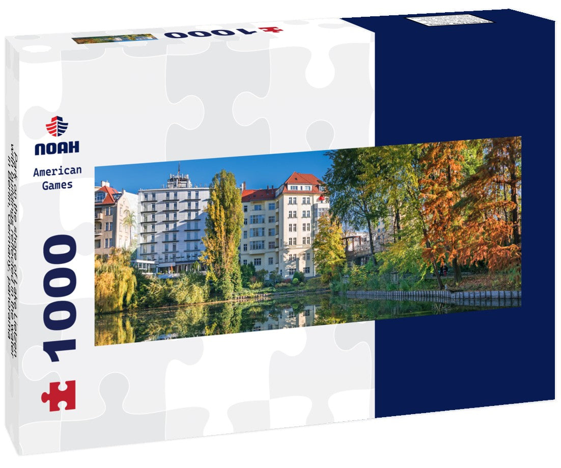 Noah Jigsaw Puzzle Park on the shore of Lake Lietzen with buildings reflected in the water in Berlin, Germany, Panorama 1000 Pieces