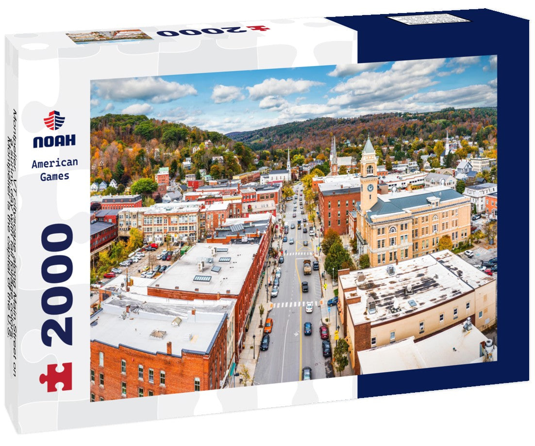 Montpelier, VT cityscape along Main Street on a sunny day with fall foliage colors. Montpelier is the capital of the U.S. state of Vermont and the county seat of Washington County 2000pc Puzzle
