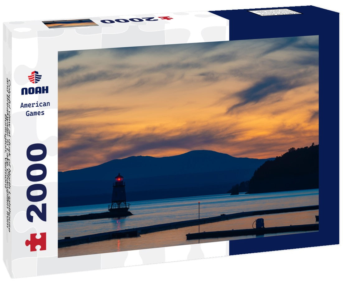 Colorful view at dusk of North Lighthouse and Breakwater in Lake Champlain from Burlington, Vermont 2000pc Puzzle