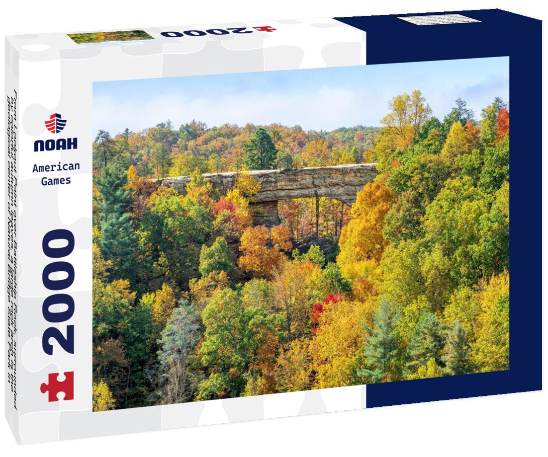 From Lookout Point over Battleship Rock, surrounded by colorful autumn leaves, a large rock arch is the geological center of Natural Bridge State Park in the Red River Gorge area of Kentucky 2000pc Puzzle