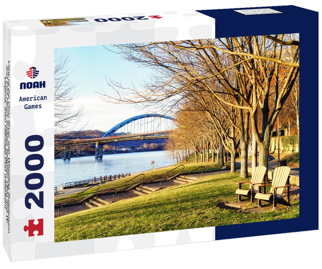 the Ohio River with Wheeling Suspension and Fort Henry bridges between Ohio and W. Virginia, from Heritage Port waterfront park, Wheeling, West Virginia 2000pc Puzzle