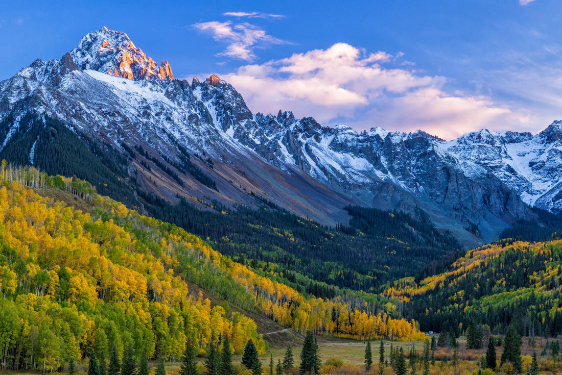 Last light from the setting sun hitting Mount Sneffels, with a predominantly golden apple orchard in the San Juan Mountains near Ridgway, Colorado 2000pc Puzzle