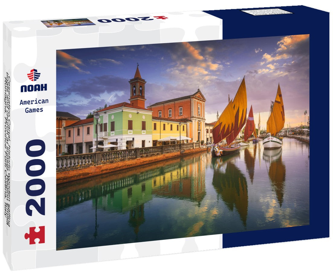 Cesenatico Canal, historic wooden sailing boats and church at sunset. Region Emilia Romagna, Province Forlì Cesena, Italy 2000pc Puzzle
