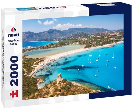 Noah Jigsaw Puzzle Aerial view of the beautiful sandy beach, ancient tower on the hill, sea bow, mountains on a summer's day. Porto Giunco in Sardinia, Italy 2000 pieces