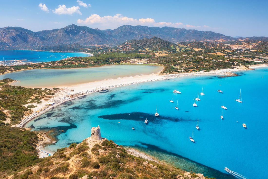 Aerial view of the beautiful sandy beach, ancient tower on the hill, sea bow, mountains on a summer's day. Porto Giunco in Sardinia, Italy 2000pc Puzzle