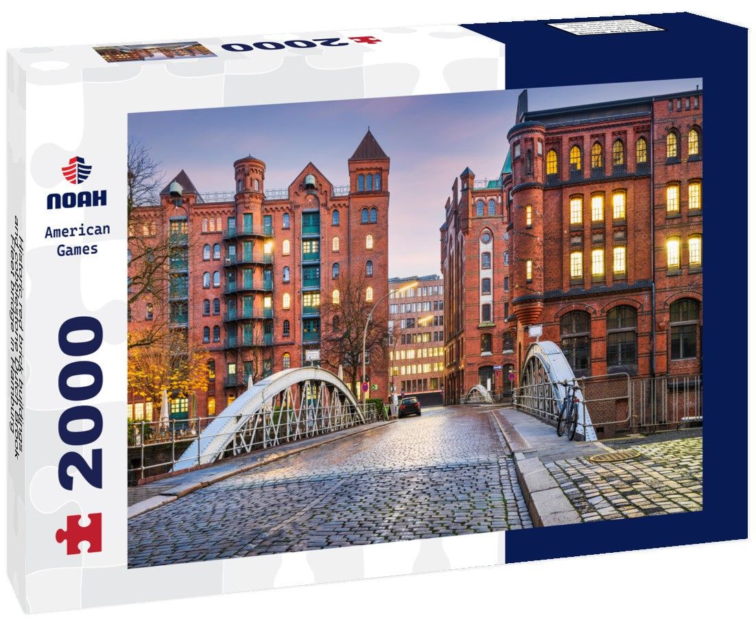 Historic red brick buildings and cobblestone Dutch Brook Fleet bridge in Hamburg, Germany 2000pc Puzzle