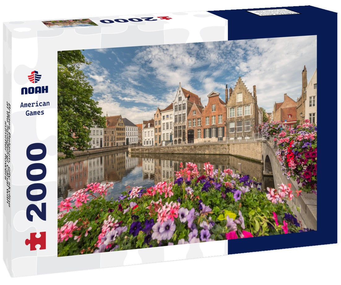 Bruges Belgium, city skyline at the Spiegelrei Canal with summer flowers 2000pc Puzzle