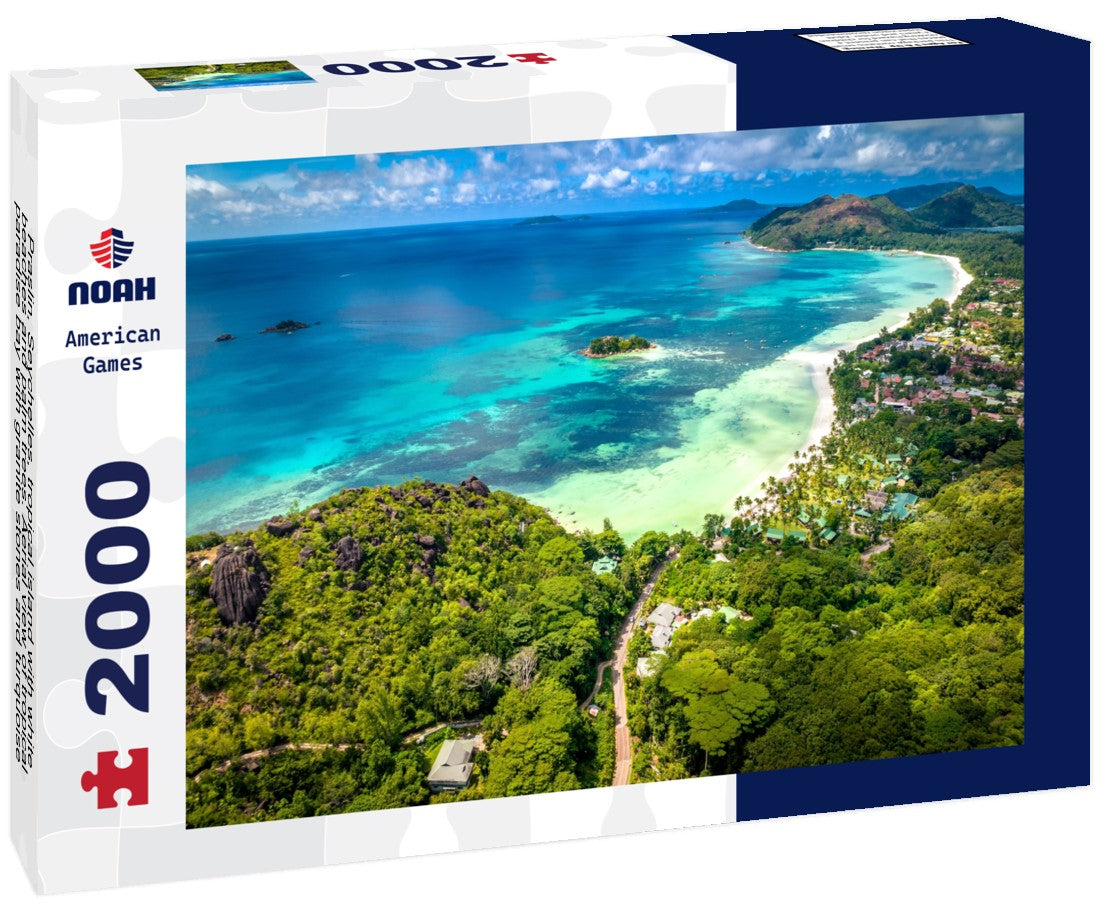 Praslin, Seychelles, tropical island with white beaches and palm trees. Aerial view of tropical paradise bay with granite stones and turquoise crystal clear waters of the Indian Ocean. 2000pc Puzzle