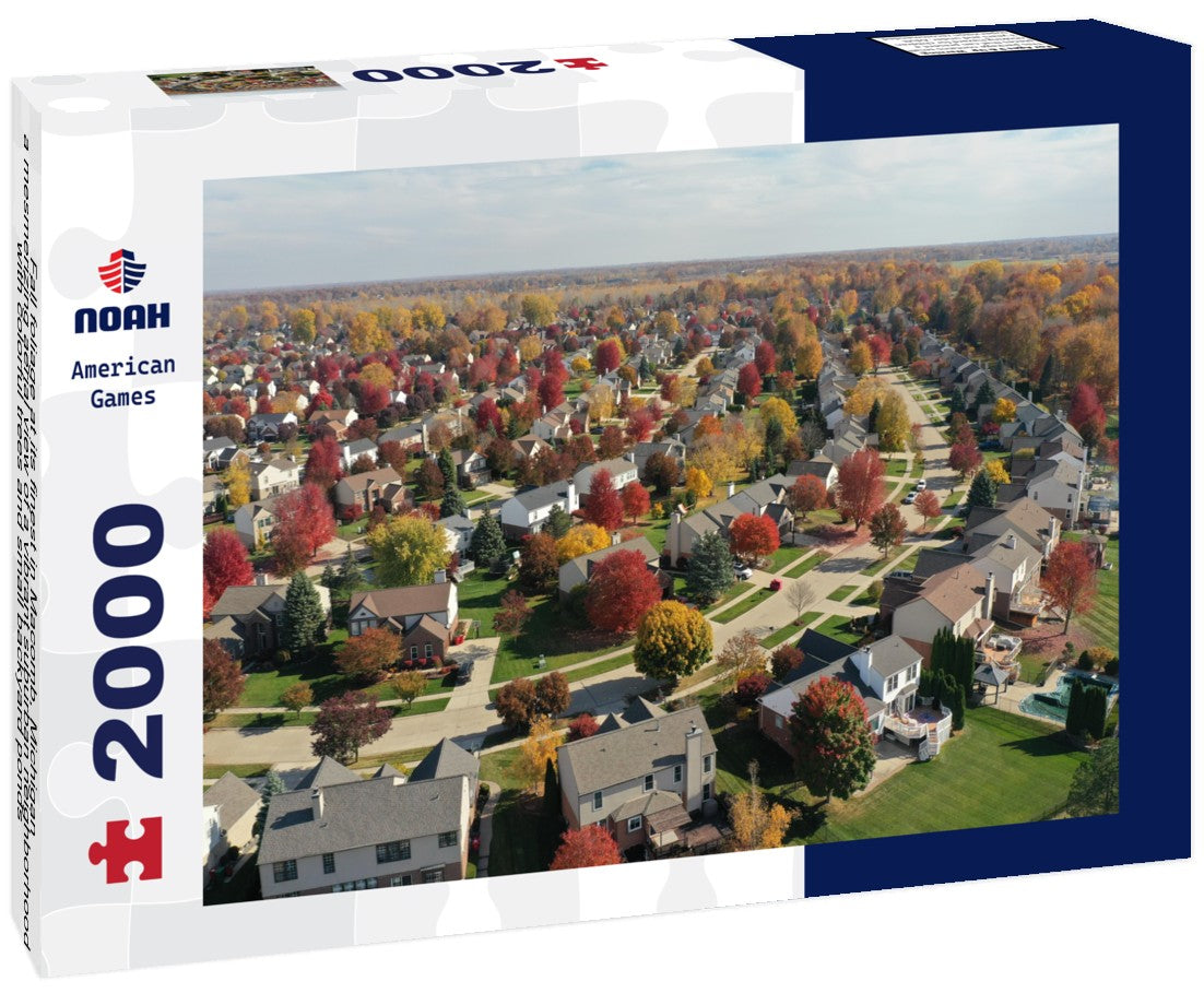 Fall foliage at its finest in Macomb, Michigan - a mesmerizing aerial view of a vibrant suburban neighborhood with colorful trees and small backyard ponds 2000pc Puzzle