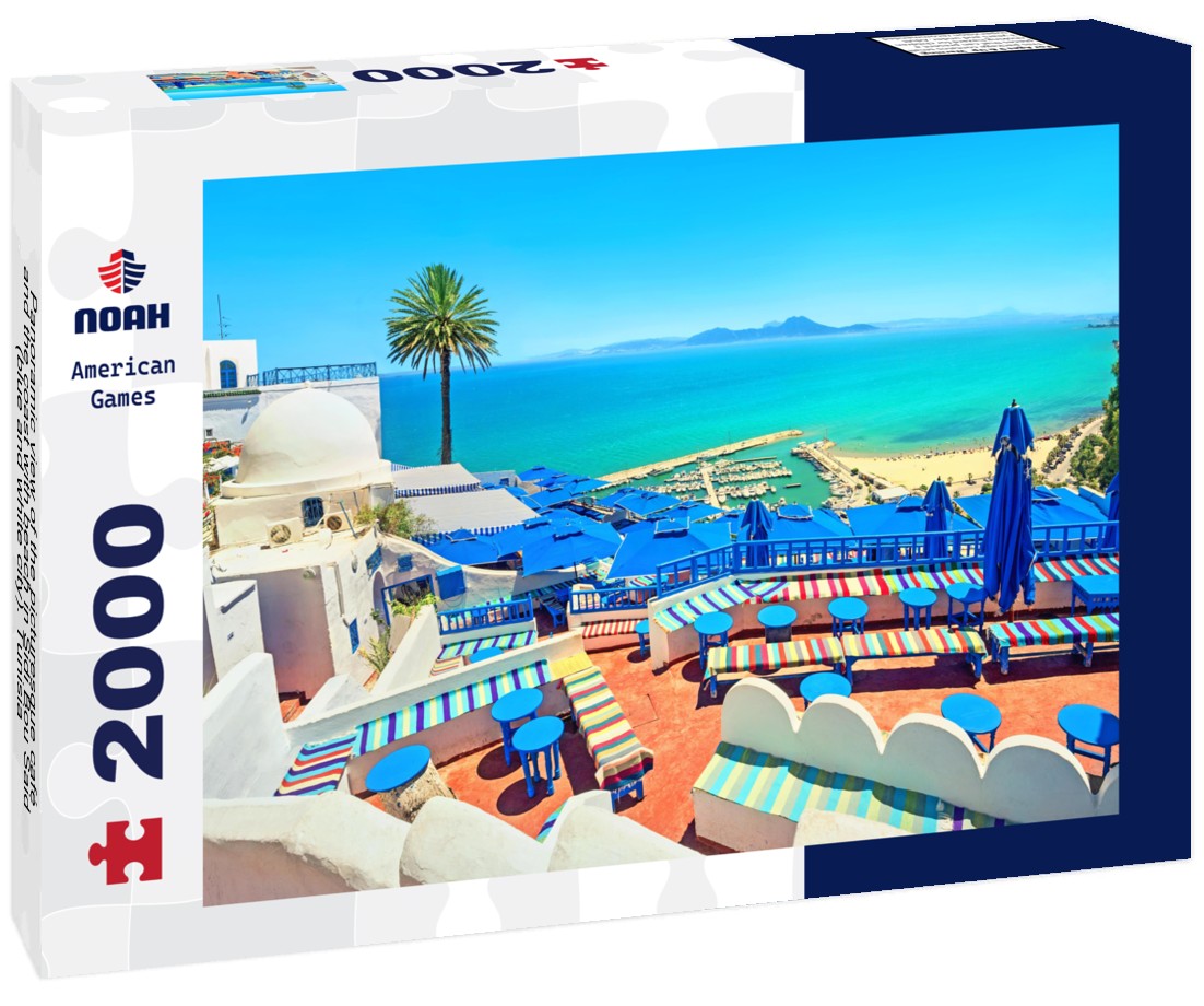 Noah Jigsaw Puzzle Panoramic view of the picturesque café and the coast with beach in Sidi Bou Said (blue and white city). Tunisia 2000 pieces