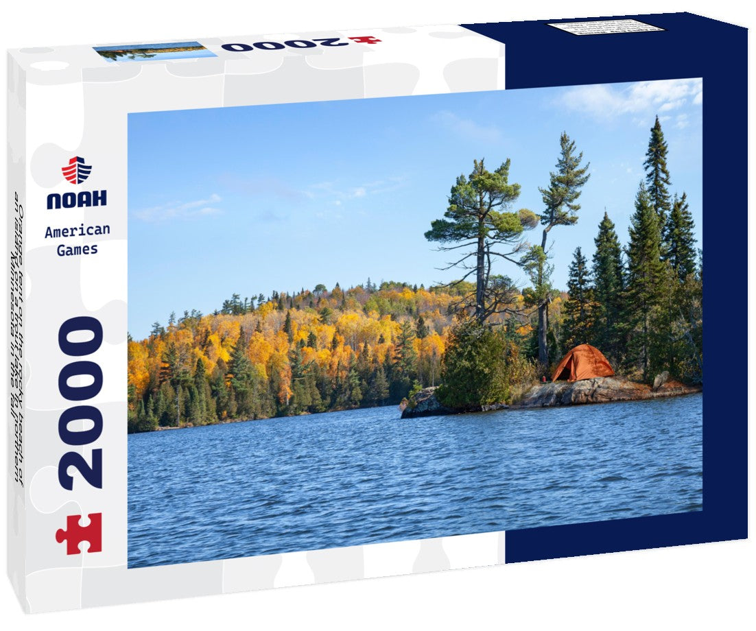 Orange tent on the rocky beach of an island on a trout lake in northern Minnesota in the fall 2000pc Puzzle