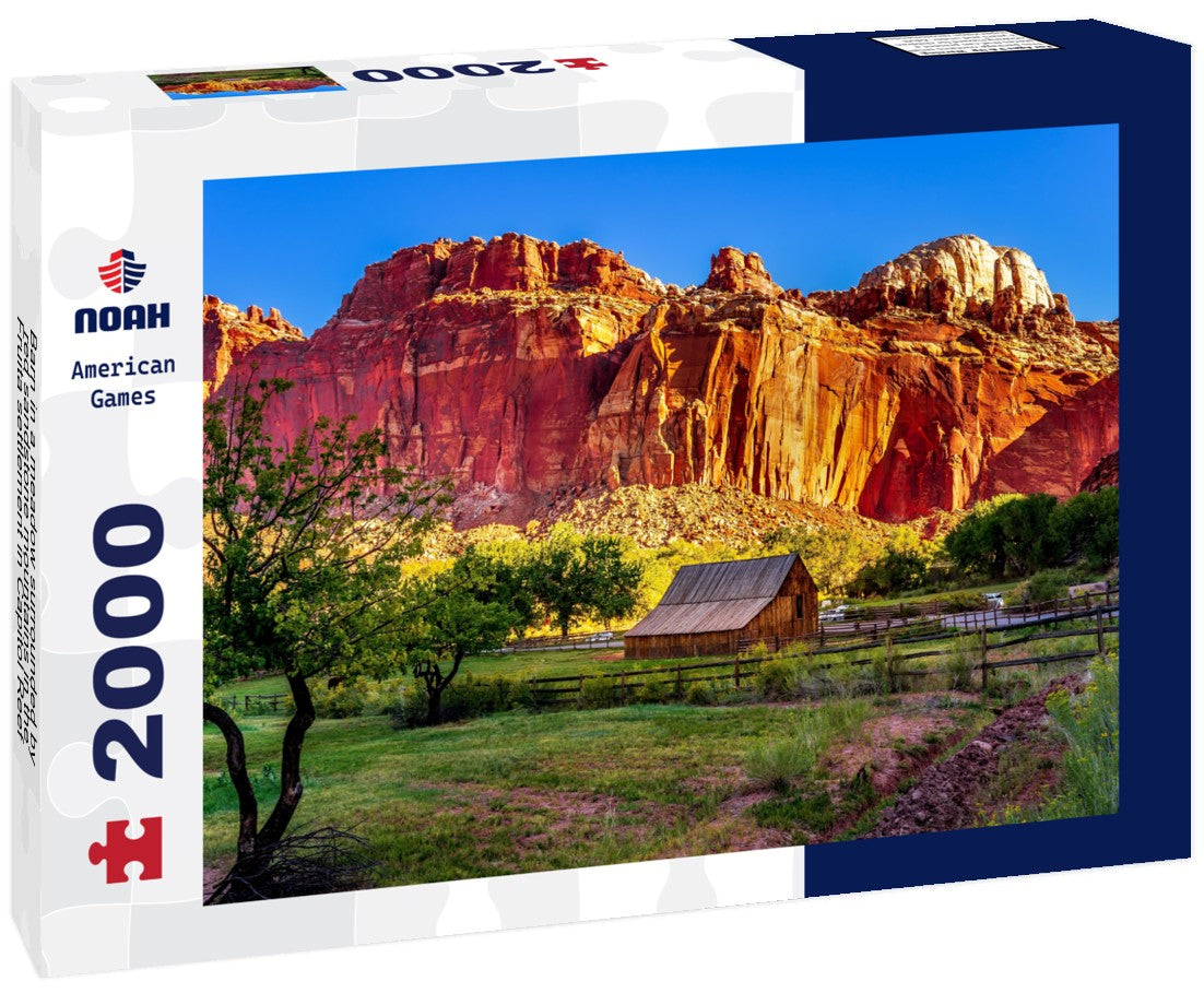 Noah Jigsaw Puzzle Barn in a meadow surrounded by red sandstone mountains in the Fruita settlement in Capitol Reef National Park, Utah, USA 2000 pieces