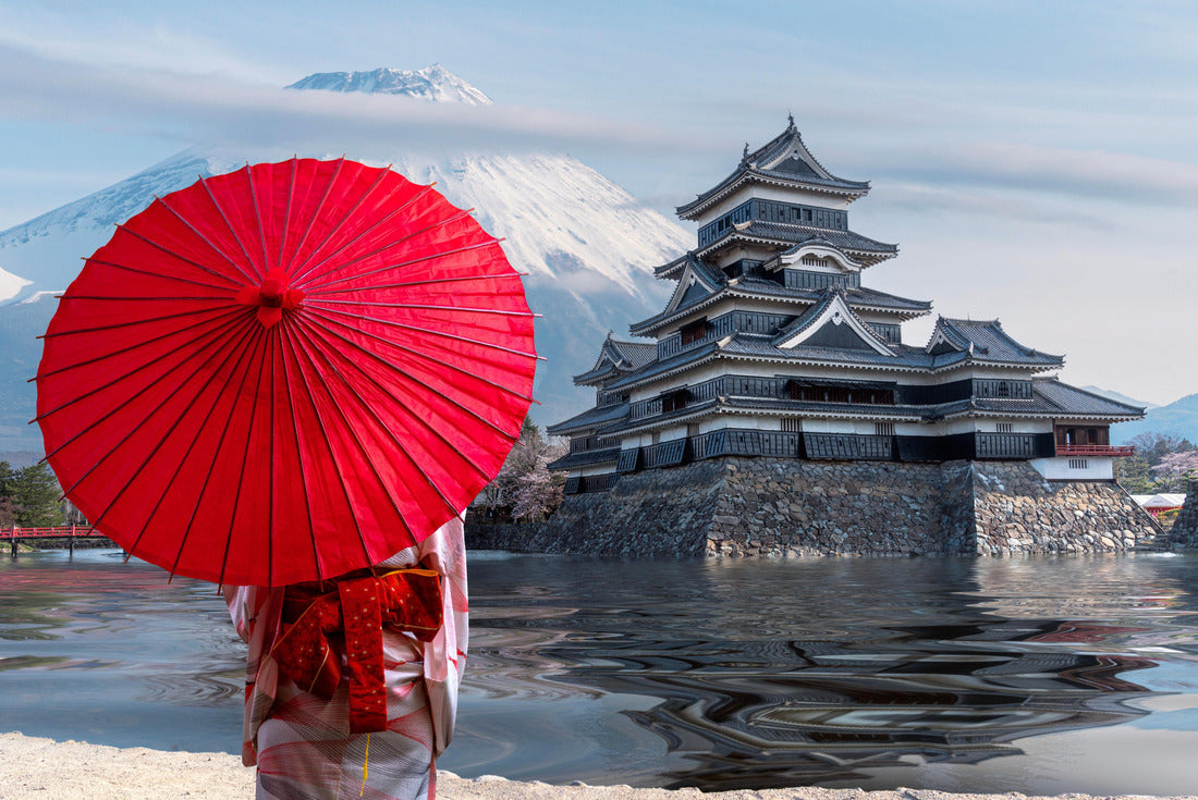 Japanese castle in Tokyo with cherry blossom, traveller woman in Kimono traditional dress, Fuji mountain blue sky and reflec of castle in river, Tokyo city, Japan 2000pc Puzzle
