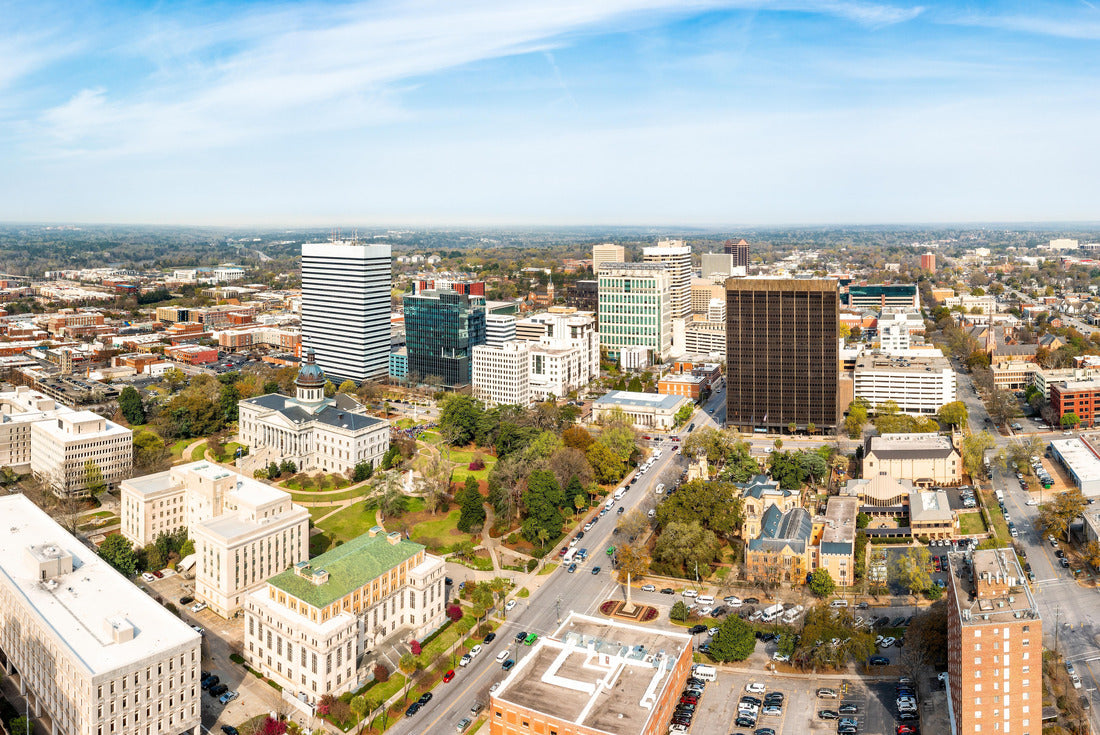 Drone  the South Carolina Statehouse and Columbia skyline on a sunny morning. Columbia is the capital of the U.S. state of South Carolina and serves as the county seat of Richland County 2000pc Puzzle