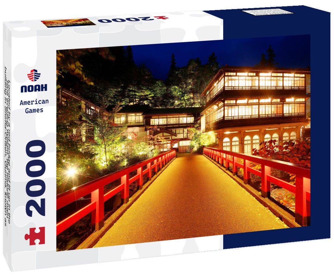 Located by a red bridge and lit up in the blue evening twilight, the historic main building in Shima-Onsen, Gunma, known as the oldest hot spring hotel in Japan 2000pc Puzzle