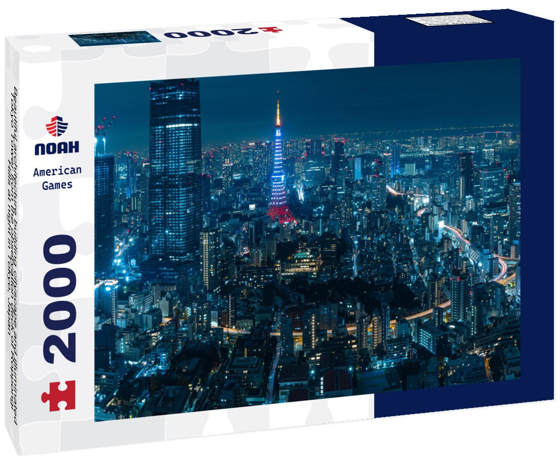 Noah Jigsaw Puzzle Beautiful architecture building cityscape and illuminated Tokyo Tower from the observation deck of Roppongi Hills at night in Tokyo, Japan 2000 pieces