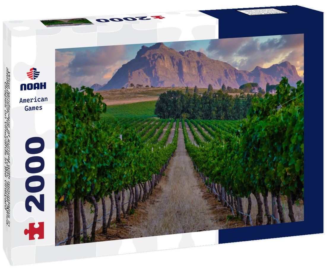 Noah Jigsaw Puzzle Wine landscape at sunset with mountains in Stellenbosch, near Cape Town, South Africa. Grapes on vineyards in the vineyard 2000 pieces