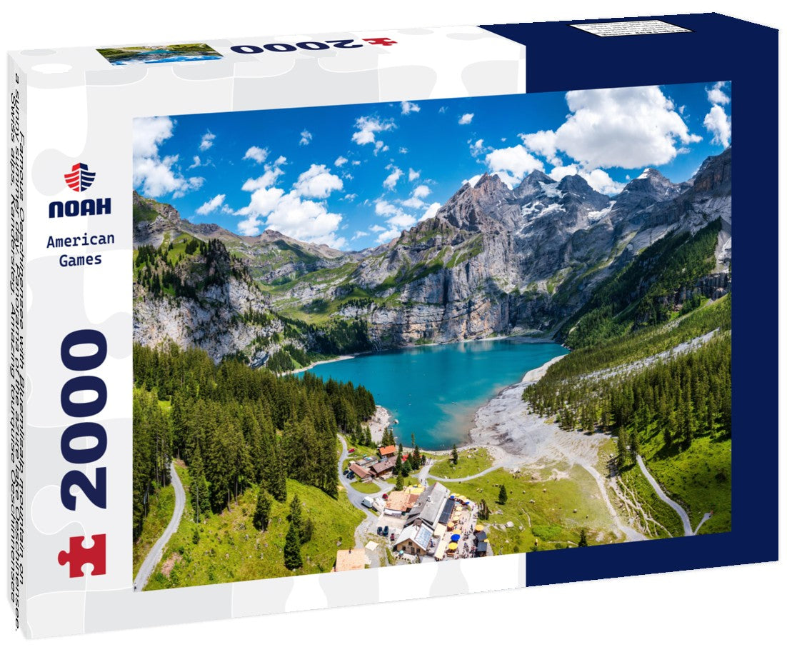 Noah Jigsaw Puzzle Famous Oeschinensee with Bluemlisalp mountain on a sunny summer day. Panorama of the azure lake Oeschinensee. Swiss alps, Kandersteg. Amazing tourquise Oeschinnensee with waterfalls, Switzerland 2000 pieces