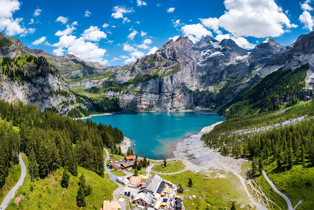 Noah Jigsaw Puzzle Famous Oeschinensee with Bluemlisalp mountain on a sunny summer day. Panorama of the azure lake Oeschinensee. Swiss alps, Kandersteg. Amazing tourquise Oeschinnensee with waterfalls, Switzerland 2000 pieces