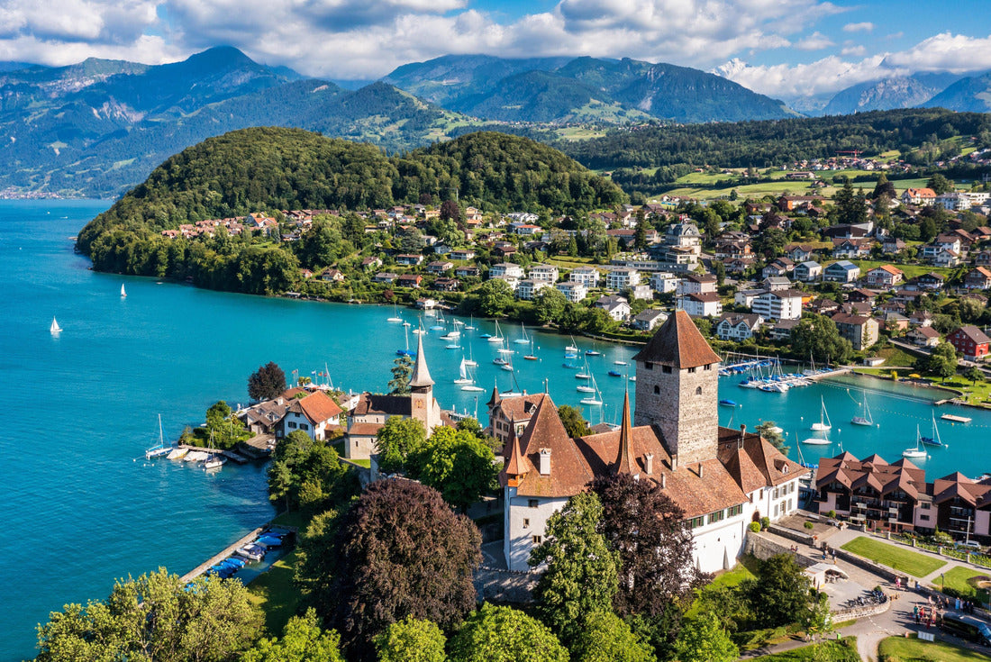 Noah Jigsaw Puzzle Aerial panorama view of the church and castle at Spiez on the shore of Lake Thun in the Swiss canton of Bern at sunset, Spiez 2000 pieces