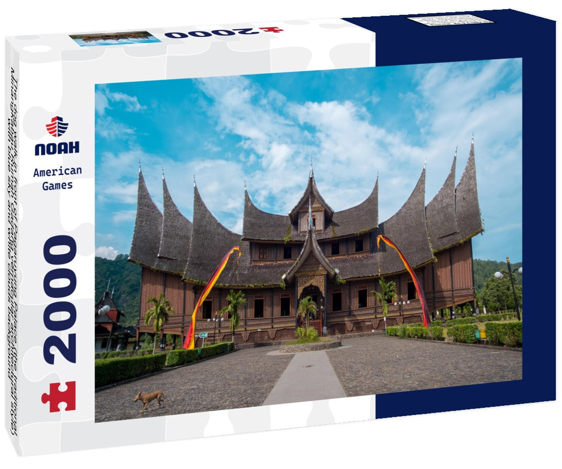 The dog walk in front of Pagaruyung Palace (the traditional Minangkabau Rumah Gadang vernacular architectural style) with blue sky and white clouds background 2000pc Puzzle