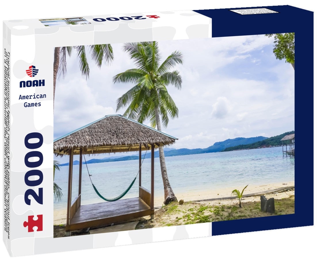 Tropical summer beach resort with palm, coconut trees, and hammock in Piugus Island, Anambas, Indonesia on a beautiful summer day with colorful ocean waters, pristine sands and cloudy sky. Copy space 2000pc Puzzle