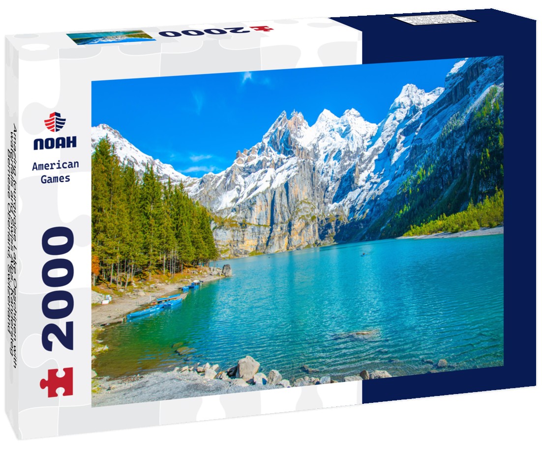 Noah Jigsaw Puzzle Amazing tourquoise Lake Oeschinen with waterfalls and Swiss Alps, Kandersteg, Bernese Oberland, Switzerland 2000 pieces