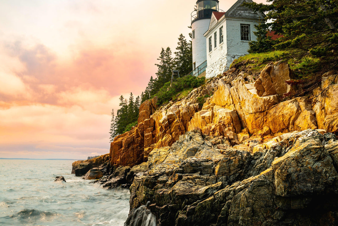 Sunset over the lighthouse on the cliff. Dramatic season with Bass Harbour Head Light Station in Tremont, Acadia National Park, Maine 2000pc Puzzle