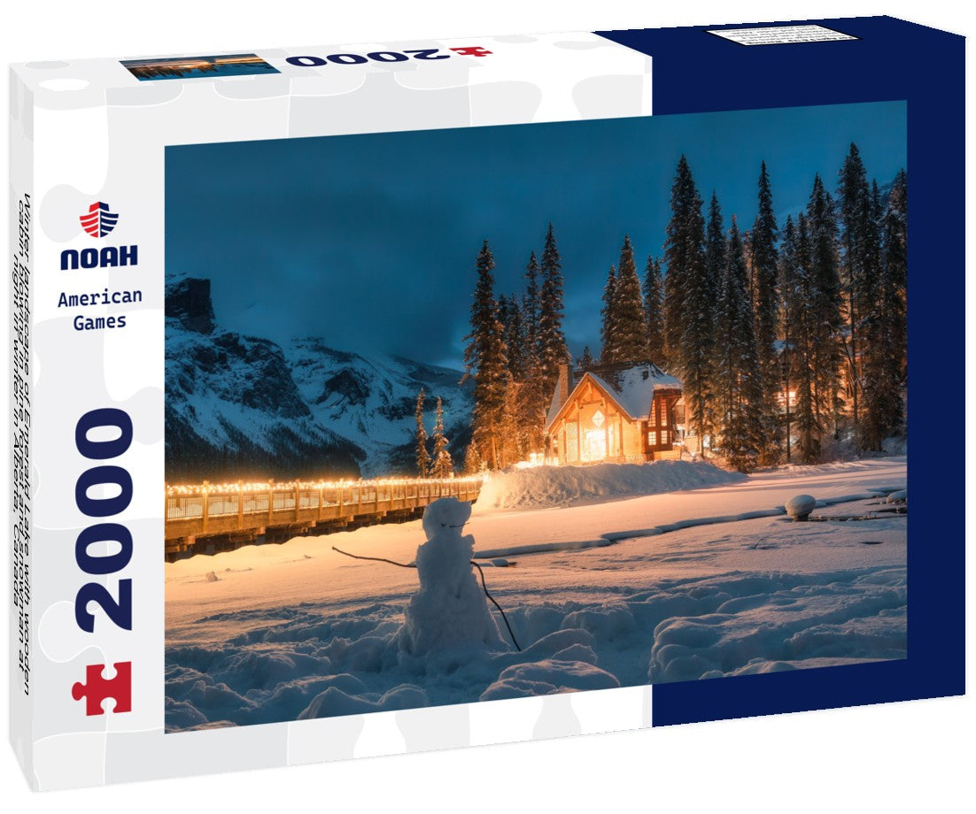 Noah Jigsaw Puzzle Winter landscape of Emerald Lake with wooden cabin blowing in pine forest and snowman at night in winter in Alberta, Canada 2000 pieces