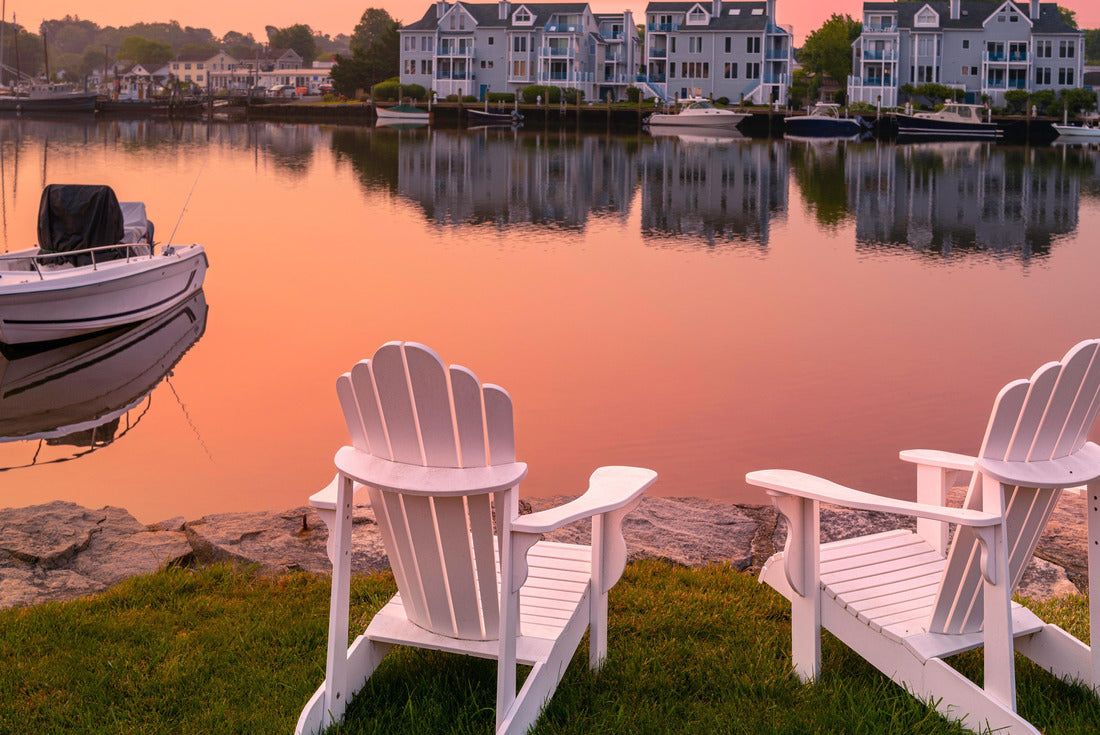 Sunrise, two white Adirondack chairs on the beach, a well-maintained boat and smoke outdoors over the marina Mystic River in Connecticut 2000pc Puzzle