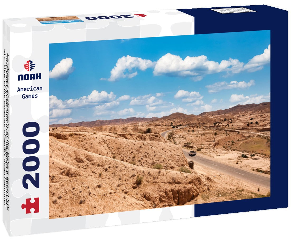 Landscape photography of the Sahara desert hills with sand dunes and road, vegetation and blue sky. View of the expanse of sandy desert summer sunny day, Sahara, Tozeur, Tunisia 2000pc Puzzle