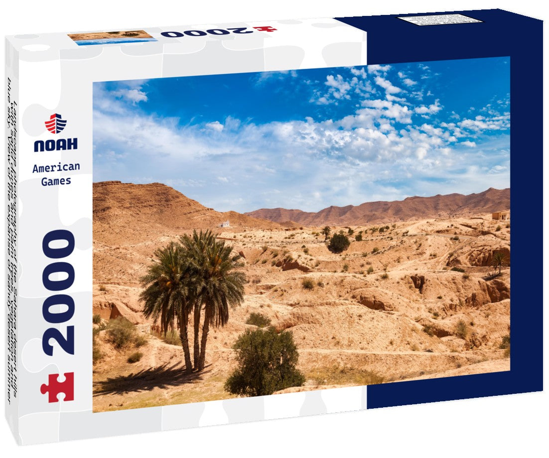 Noah Jigsaw Puzzle Landscape photography of the Sahara desert hills with sand dunes and palm trees, vegetation and blue sky. View of the expanse of sandy desert summer sunny day, Sahara, Tozeur, Tunisia 2000 pieces