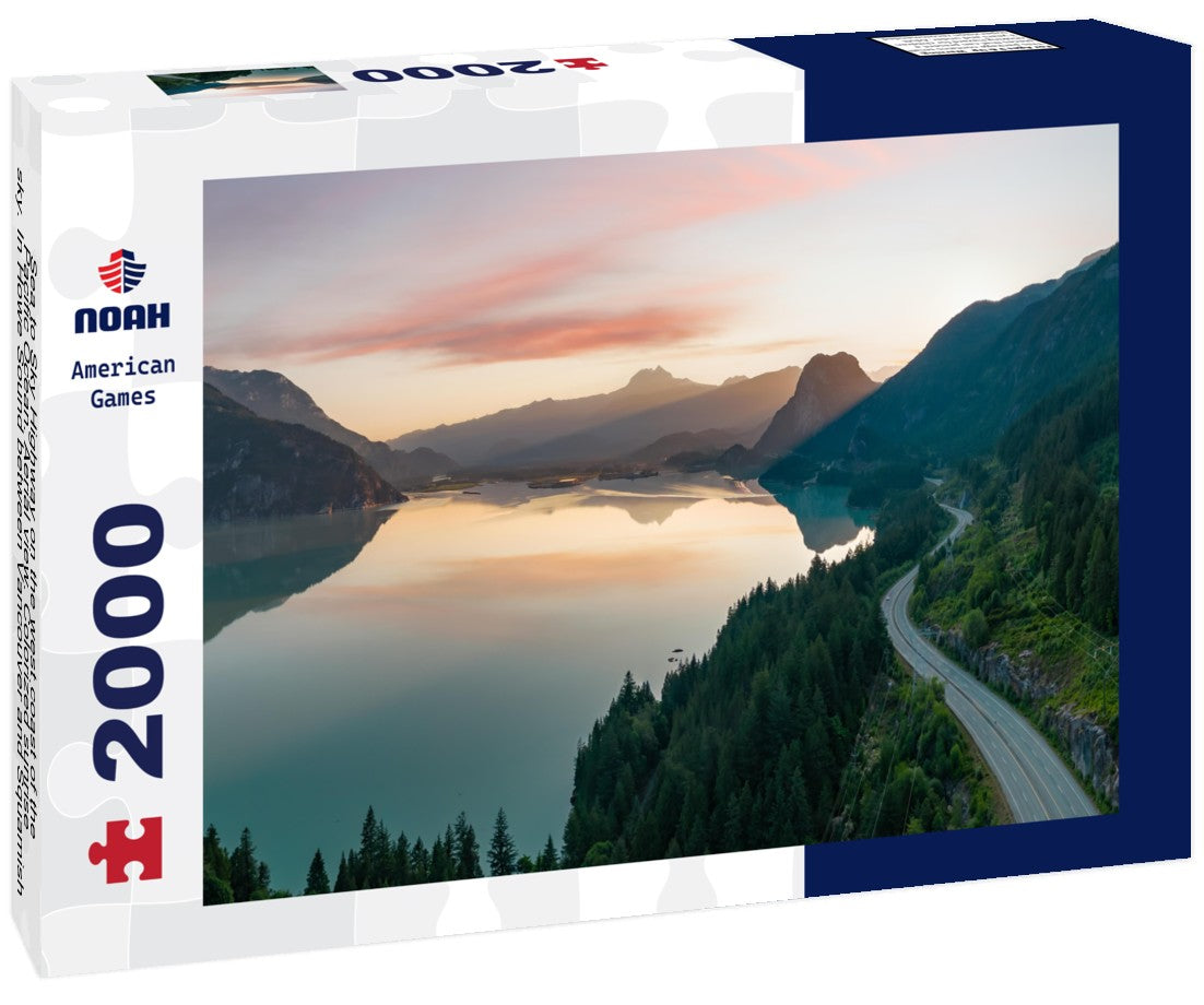 Sea to Sky Highway on the west coast of the Pacific Ocean. Aerial view. Colorized sunrise sky. In Howe Sound between Vancouver and Squamish, British Columbia, Canada 2000pc Puzzle
