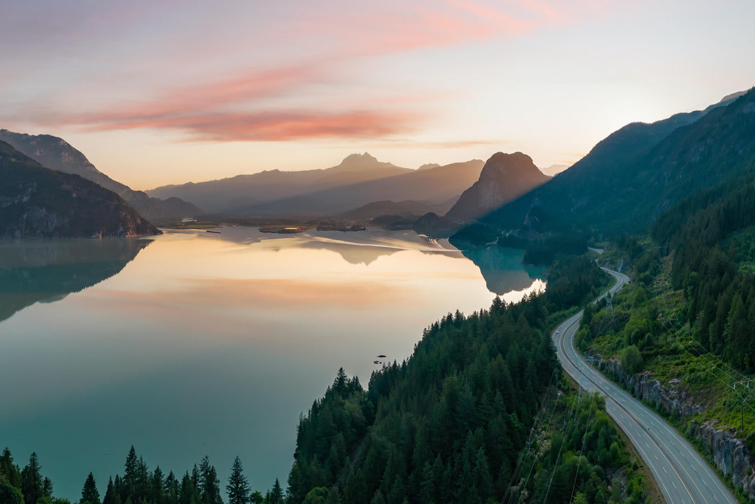 Sea to Sky Highway on the west coast of the Pacific Ocean. Aerial view. Colorized sunrise sky. In Howe Sound between Vancouver and Squamish, British Columbia, Canada 2000pc Puzzle