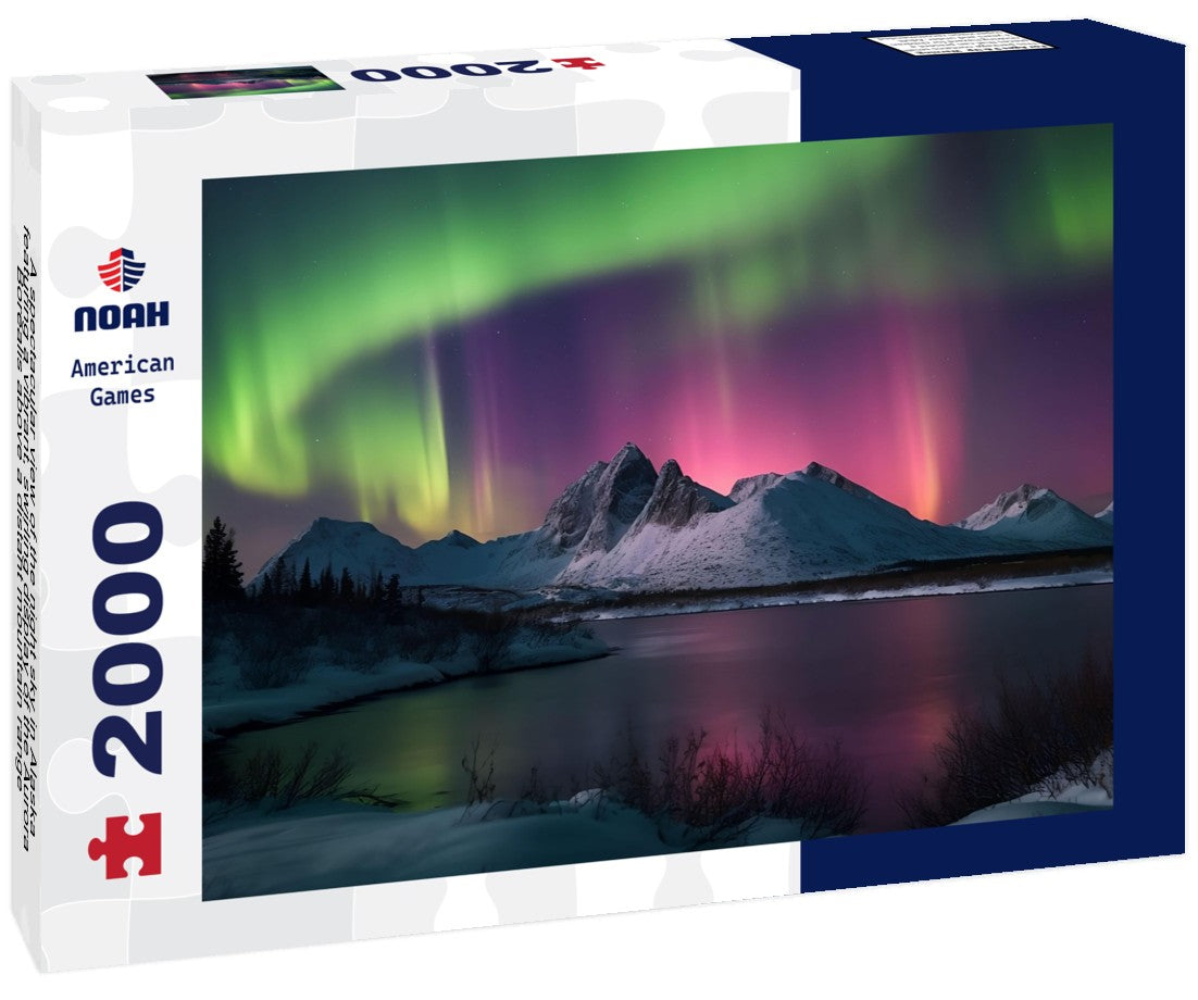 A spectacular view of the night sky in Alaska, featuring a vibrant, swirling display of the Aurora Borealis above a distant mountain range 2000pc Puzzle