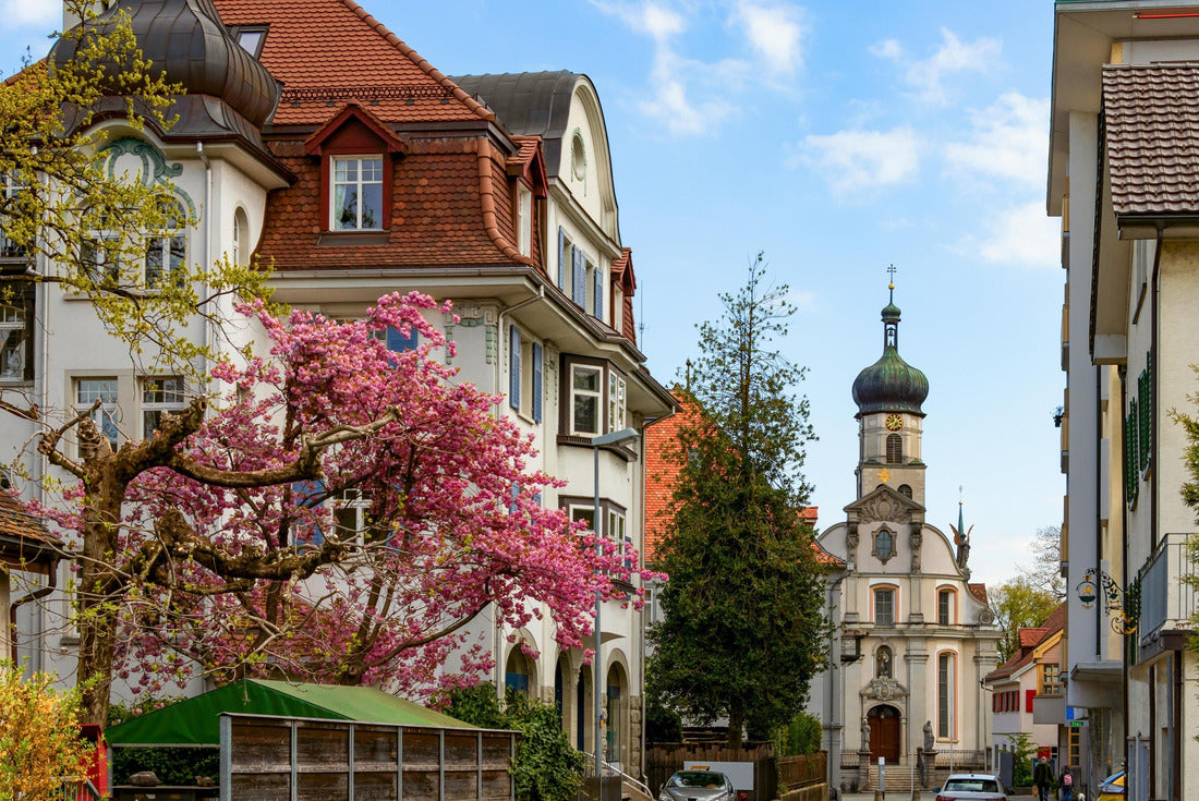 A picturesque street in the city of St. Gallen with houses in the traditional Swiss style under blossoming trees, an old church in the background 2000pc Puzzle