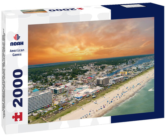 Noah Jigsaw Puzzle Boardwalk, homes, hotels and restaurants with people relaxing in the sand on the beach and blue sky in Carolina Beach North Carolina USA 2000 pieces
