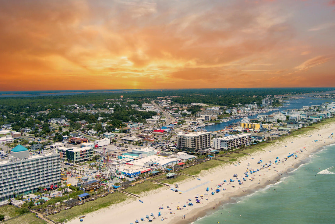 Boardwalk, homes, hotels and restaurants with people relaxing in the sand on the beach and blue sky in Carolina Beach North Carolina USA 2000pc Puzzle