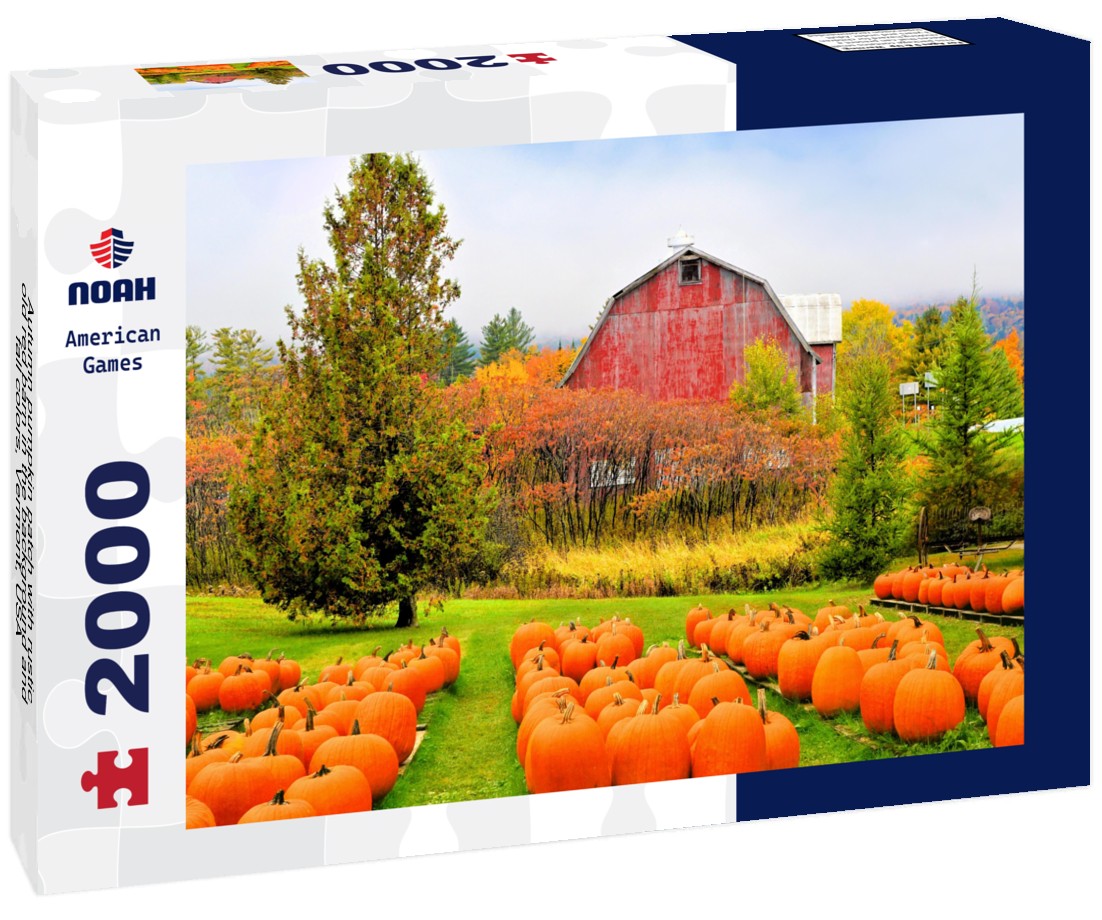 Autumn pumpkin patch with rustic old red barn in the background and fall colors, Vermont, USA 2000pc Puzzle
