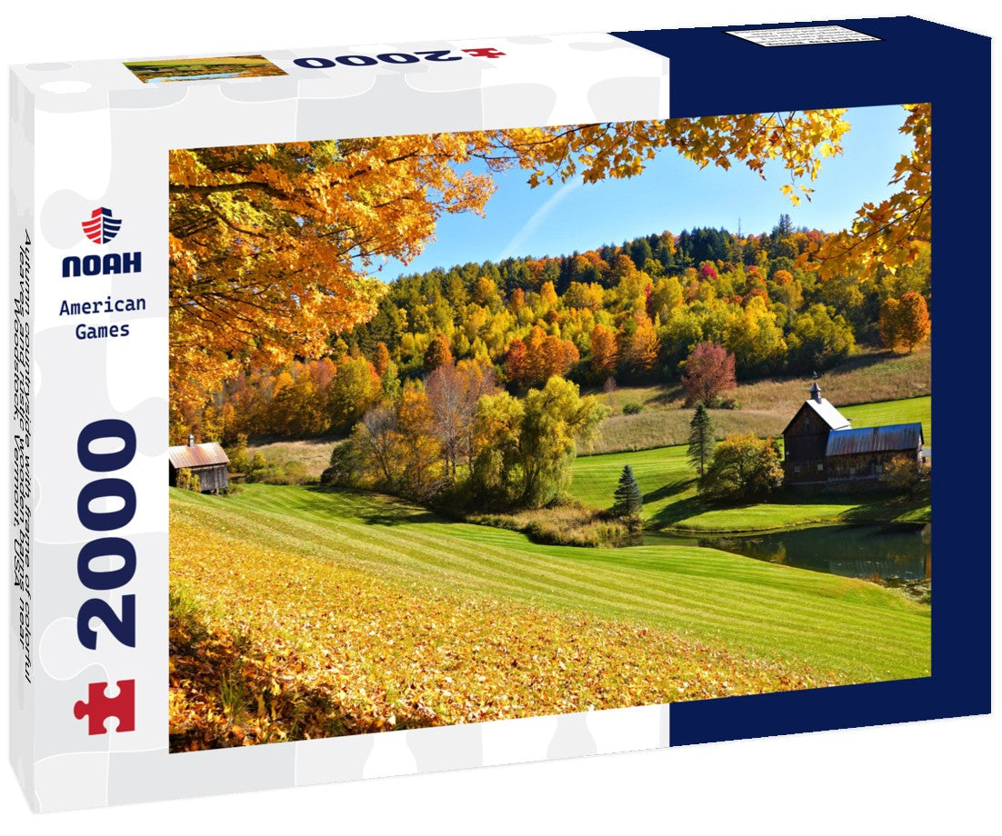 Autumn countryside with frame of colorful leaves and rustic wooden barns near Woodstock, Vermont, USA 2000pc Puzzle